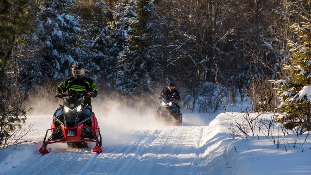 Two snowmobilers riding a sunlit forest trail with snow dust glowing behind them.