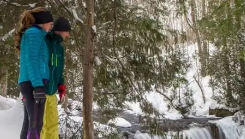 A couple snow shoeing and looking down at the ground