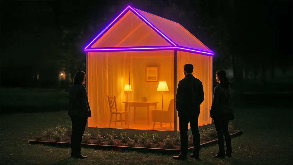 Un homme se tenant devant une structure éclairée ressemblant à une maison. À l’intérieur se trouve un salon avec des chaises, des lampes et une table.