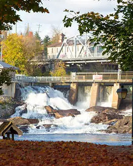 Bracebridge Falls from across the river at the bottom of the falls. There are bright cooured fallen leaves on the ground and above the falls there is the Silver Bridge. 